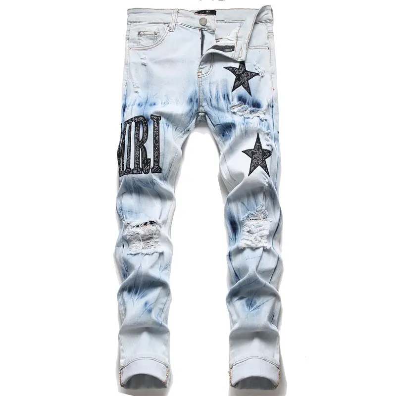 Fashion Streetwear Men Jeans Blue Color Paint Printed Jeans Men Hip Hop Pants Slim Fit Punk ripped Designer Jeans