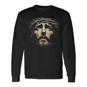 Camiseta de Manga Larga con la Cara de Jesucristo y Corona de Espinas, Unisex para Adultos, Cuello Redondo, Impresión Digital, Regalo Religioso para Iglesia - Product Image 1