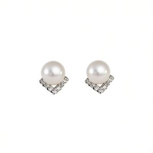 White Gold Faux <b>Pearl</b> Stud <b>Earrings</b> With Crystal Geometric Design For Women Wedding Classic Style Silver Metal - Product Image 1