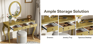 Luxury Modern Lighted Makeup Vanity Desk with Oval Mirror 3-Drawer <b>Dressing</b> <b>Table</b> for Bedroom & Living <b>Room</b> Jewelry Storage - Product Image 3