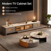 Ensemble de meubles TV en marbre avec étagère vitrée, portes coulissantes à lumière chaude, tiroirs de rangement et tables basses gigognes pour la maison