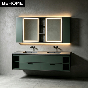 Meuble-lavabo mural double vasque moderne industriel avec miroir LED et armoires, comptoir en <span class=keywords><strong>dalle</strong></span> de roche, idéal <span class=keywords><strong>pour</strong></span> hôtel et villa - Product Image 1
