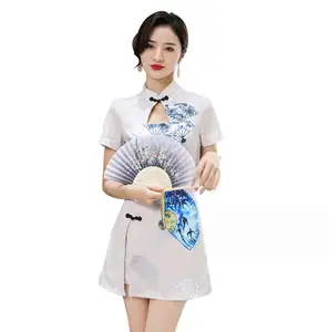 ecoparty Vintage Cheongsam Dress Stand Collar Fashion white Dress Women Traditional Chinese Clothing Qipao Harajuku Vestido