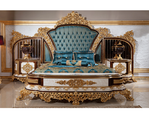 เตียงไม้แกะสลักสไตล์หลวง รุ่นหรูหราแบบโบราณ ขนาดคิงไซส์ หัวเตียงสูงสีทองคลาสสิก ชุดเฟอร์นิเจอร์ห้องนอนสไตล์แคลิฟอร์เนีย - Product Image 2