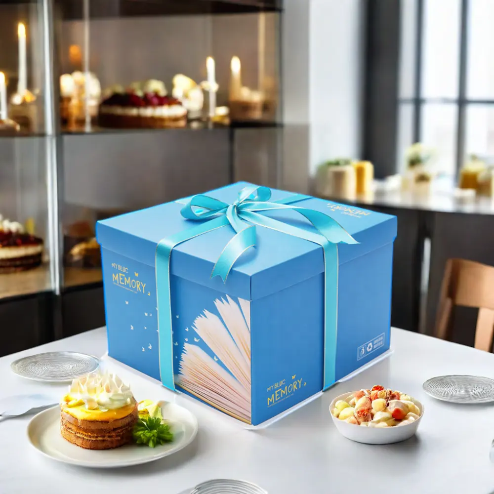 Kotak kertas kue transparan kustom dengan jendela kemasan karton panggang bening untuk Set hadiah pola Logo kue