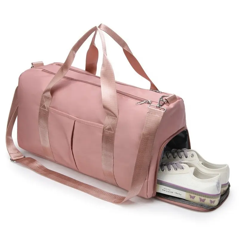 Bolsa de ombro para viagem, fitness, esportes, academia, fim de semana, sacola de ombro, seco, separado para molhado, rosa, duffle, compartimento para sapatos