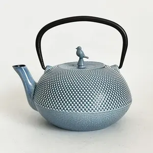 1200ML สีฟ้าเคลือบโลหะเหล็กหล่อ Teapot พร้อมตัวกรอง SS รูปนกฝาปิดกาน้ําชา Dot รูปแบบหม้อชา