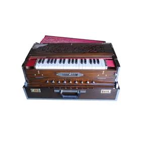 Harmonium lipat 3 alang-alang, 9 skala pengganti 3.75 oktaf coklat tua warna kayu dengan kopling dan kotak serat