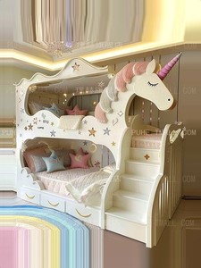 Letto a castello multifunzionale personalizzato per bambini, in legno, a tema unicorno, stile principessa, per <span class=keywords><strong>bambina</strong></span>. - Product Image 4