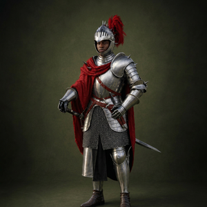 Armure de chevalier complète avec casque à plumes rouges – Costume en acier et en maille Farjana - Product Image 1