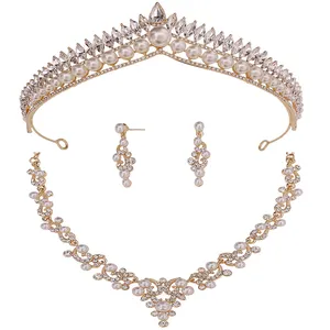 Três peças Acessórios Do Casamento Conjunto Completo Pérolas Strass Tiaras De Luxo Para Casamento Pérola Liga Colar Brincos Pageant Coroa