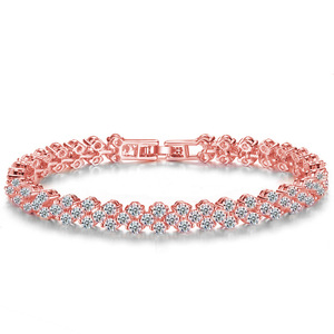 Pulsera de tenis chapada en oro rosa de 18k con circonitas cúbicas brillantes y eslabones de corazón, elegante joyería nupcial para mujer - Product Image 1