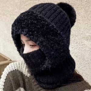 Chapeau d'hiver en polaire épaisse, tricoté, avec écharpe et masque intégrés, coupe-vent, chaud, pour le cyclisme, anti-froid, chapeau pour femme, protection du cou - Product Image 5