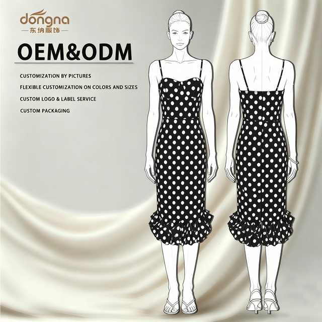 OEM ODM Custom Polka Dot Midi & Gold Trim Maxi Dress | Sweetheart & Halter Neck Bodycon Evening Dress