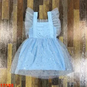 Nouveau style de robe sans manches à point d'éclair scintillant en tissu à maille bleue pour les filles