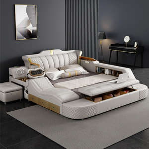 Cama Moderna de Diseño de Lujo, Tatami de Cuero Suave, Acero Inoxidable Ecológico, Tamaño King, Inteligente, Multifuncional, con Masaje y Almacenamiento - Product Image 1