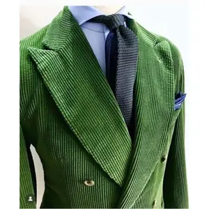 Trajes de pana verde para hombre, 2 piezas, traje Retro de doble botonadura para hombre, chaqueta ajustada para novio de boda, pantalón hecho a medida