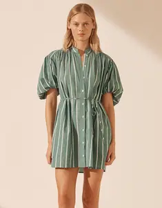 Vestido de verão com mangas bolha e gola redonda, camisa com botões e cintura listrada de renda, minivestido de manga curta, novidade de alta qualidade