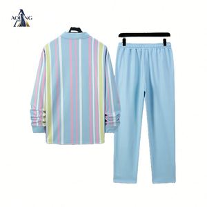2026 Musim Gugur Terlaris Pria Kaos Polo Lengan Panjang Setengah Resleting Bermotif Garis Dengan Celana Panjang Longgar Setelan Kasual Dua Potong - Product Image 3