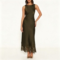 Robe longue en satin olive à col haut et dos drapé avec lien, élégante pour soirée, pour femme