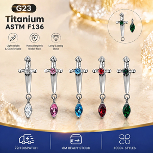 จี้คริสตัลทรงมาร์คีส์ประดับเพชร CZ สีสันสดใส พร้อมแกนเกลียวขัดเงา ASTM F136 สำหรับเจาะร่างกาย ป้องกันการกัดกร่อน ตกแต่งร่างกาย - Product Image 2