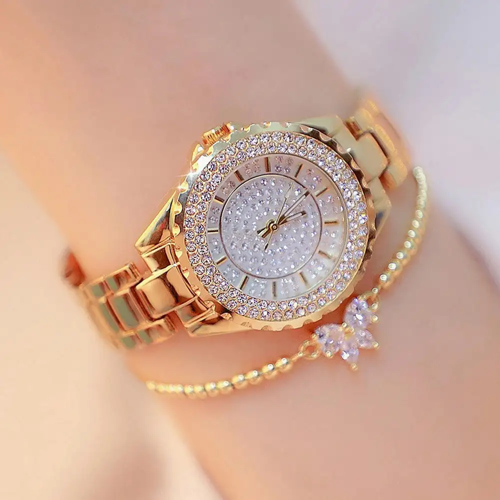 Custom Fancy Women Watch Fashion Shiny Crystal Diamond Dress Watches Lady Luxury Gold Quartz Bracelet Wristwatches