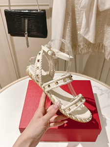 Brown Studded Ankle Strap Flat Sandals Braided Trim Summer Casual Sandals for Women - Product Image 3