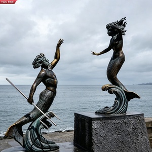 YOUFINE Statues grandeur nature en bronze de Poséidon et de la Sirène, sculpture de l'Être marin et de la Sirène, paire pour la décoration côtière et marine - Product Image 1