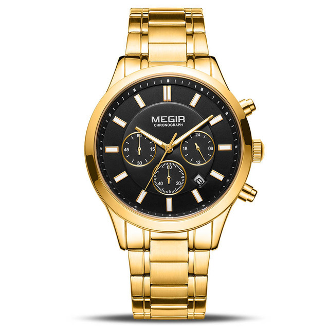 MEGIR 2150 New Arrival Golden Men Quartz Watch Original Stainless Steel Band Luminous Chronograph Dials Workable Sports Watch