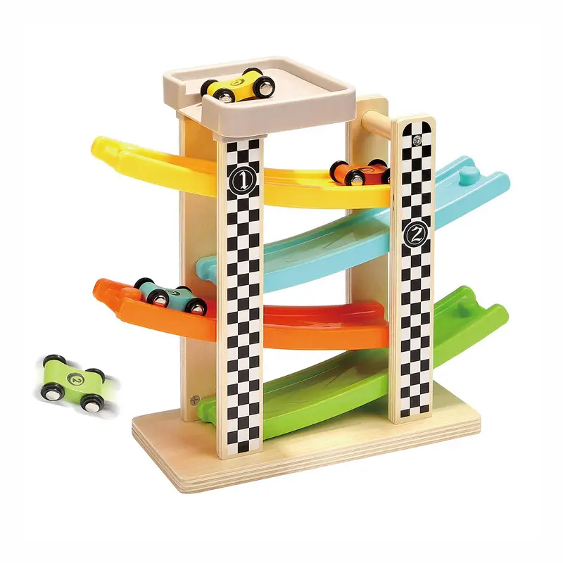 Wooden Race Track Car Ramp Racer With 4 Mini Cars Early Preschool Educational Toys Montessori Material Tools