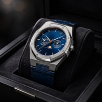Montre pour homme en acier inoxydable, phase de lune, calendrier complet, cadran multifonction, montre à quartz, bracelet en cuir véritable, montre-bracelet pour affaires