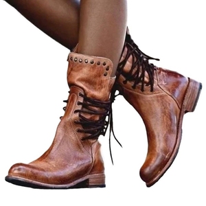 Vintage Distressed MICROFIBER PU <strong>Boots</strong> - Lace-Up <strong>Low</strong> <strong>Heel</strong> Western <strong>Boots</strong> for <strong>Women</strong> <strong>Boots</strong> - Product Image 2