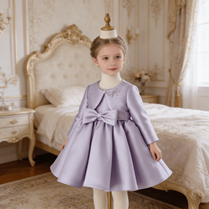 Abito da festa <span class=keywords><strong>lilla</strong></span> a maniche lunghe per bambina, con fiocco, in raso, modello A-line, per damigella d'onore - Product Image 5