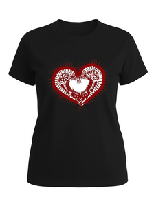 T-shirt da donna per San Valentino, manica corta, girocollo, stampa cuore e animali, casual, invernale, 100% cotone jersey, vestibilità regolare - Product Image 1