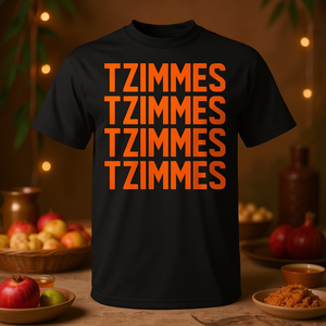Tzimmes <b>T</b>-<b>Shirt</b> Black Orange Text Jewish Rosh Hashanah <b>Vegan</b> Food Theme Unisex Adult Short Sleeve Crew Neck Silk Screen Printing - Product Image 3