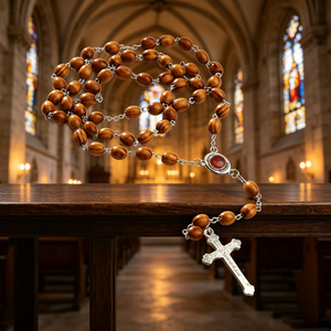 Rosario de Madera con Cuentas y Crucifijo Plateado INRI, Joyería Religiosa Cristiana, Unisex, Hecho a Mano, Chapado Antiguo - Product Image 4