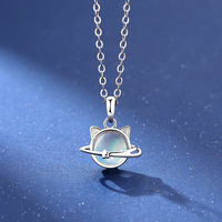 Vente en gros de chaîne clavicule en argent sterling 925 collier pendentif chat planète pierre de lune mignon