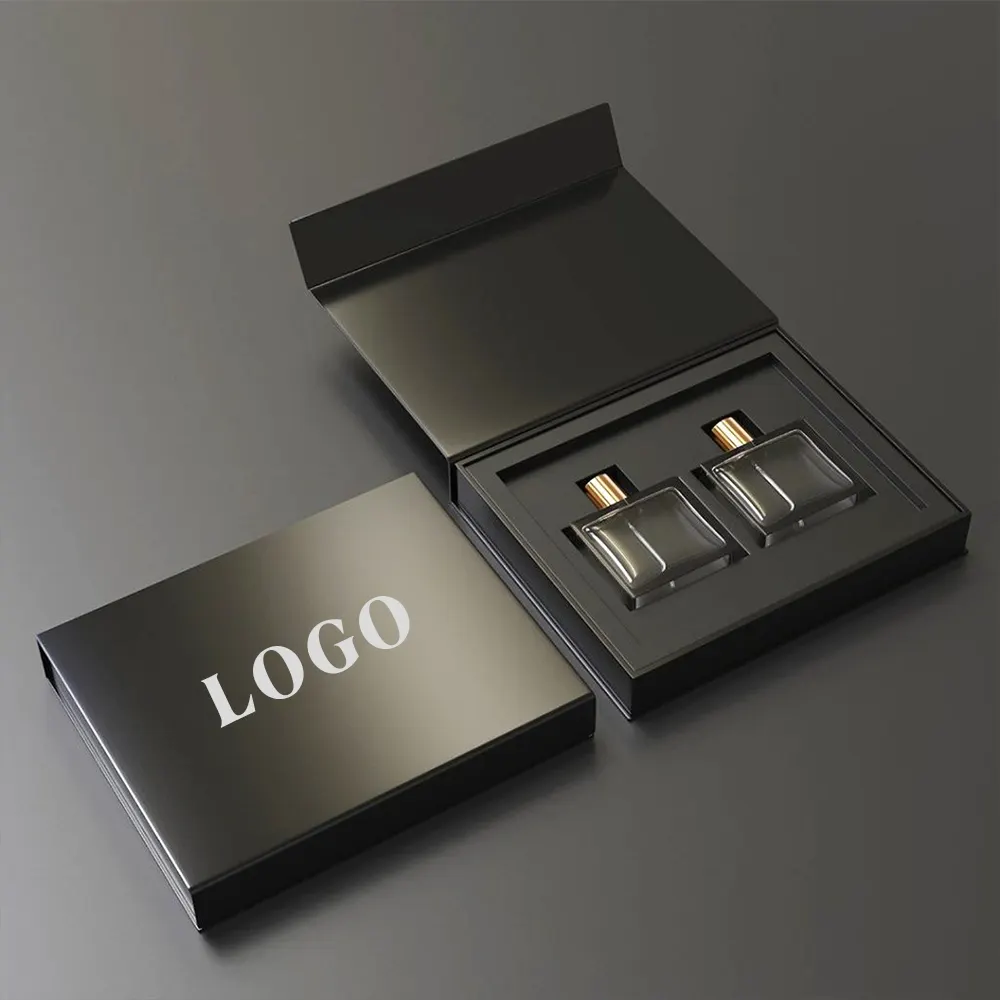 Carton d'emballage de parfum noir personnalisé Boîte cadeau en papier rigide à fermeture magnétique en forme de livre avec logo