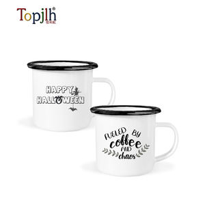 Tazas de Esmalte Blancas para Sublimación de 12 oz con Borde Negro, <span class=keywords><strong>Precio</strong></span> Directo de Fábrica Topjlh, Logotipo Personalizado para Cocina, Venta al por Mayor, Camping - Product Image 5