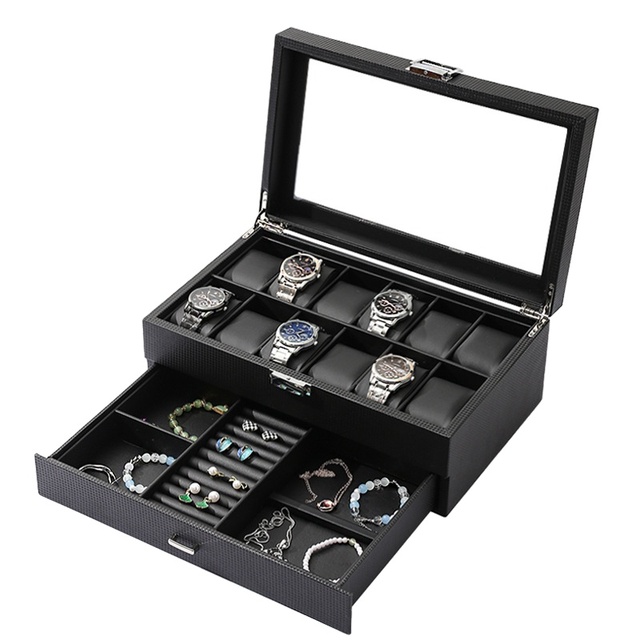 Double Layer Carbon Fiber 12 Slot Watch Storage Box Jewelry Storage Tray Best Quality Leather Watch and Jewelry Organiser Case