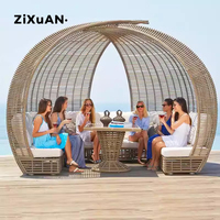 Cabaña de Mimbre con Techo de Arco para Varias Personas, Sofá de Exterior Impermeable para Piscina con Cojines