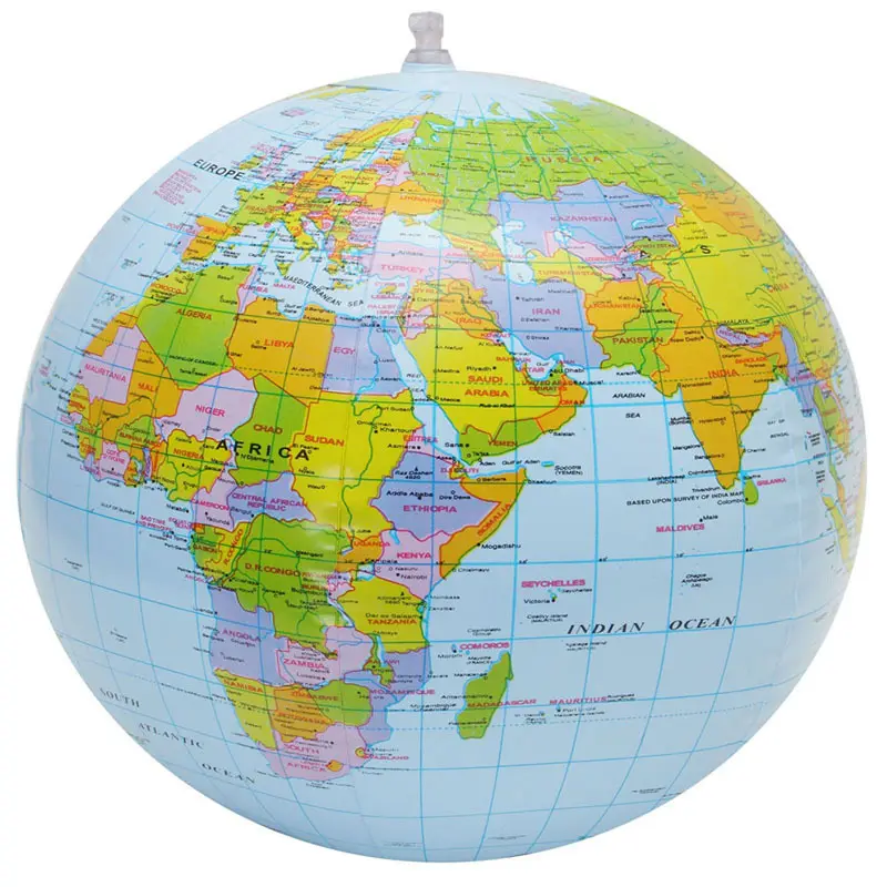 Fabrika fiyat oem şişme şişme dünya küre plaj topu 16 inç bebek tellurian geometrik küre topu dünya küresi top
