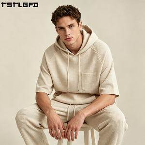 Cut And Sew Waffle Texture <b>Hoodie</b> <b>Short</b> <b>Sleeve</b> Raglan Heavyweight Vintage Baggy Oversized Streetwear Pullover Wholesale - Product Image 6