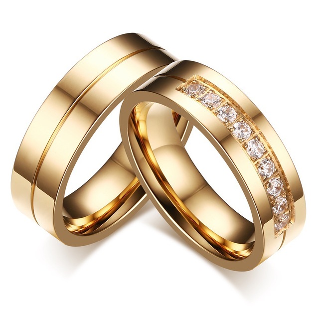 Couple Ring Minimalist Geometric Simplicity Titanium Steel Gold-Plated Zircon-Inlaid Rings Pair CR-054