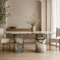 Table à manger Ocean Storm, plateau ovale en marbre naturel, base à colonnes cannelées, table de conférence en pierre de luxe pour la maison, l'hôtel, le restaurant