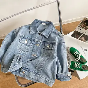 With buttons children solid color outfits baby girls and boy long sleeve coat kids casual denim jackets