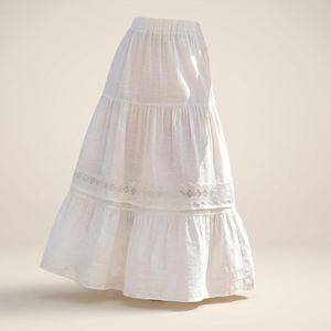 Women's <b>Elastic</b> Waist Linen A-Line Midi Skirt With <b>Lace</b> Trim Prairie Chic Style Solid Color Breathable Woven Fabric - Product Image 3
