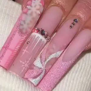 2024 Handgemaakte Pers Op Nagels Herbruikbare Xl Lange Kunstnagels Voor Vrouwen 24 Stks/set Franse Roze Glitter Full-Cover Vingernagels