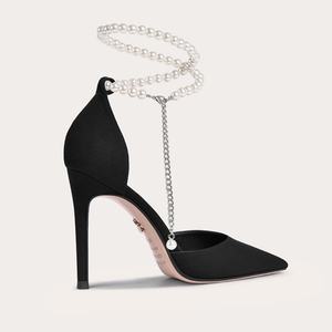 Chaussures de créateur pour femmes, élégantes escarpins en daim avec perles, chaussures de soirée et de mariage à fines brides de cheville, sandales à bout pointu tendance - Product Image 2