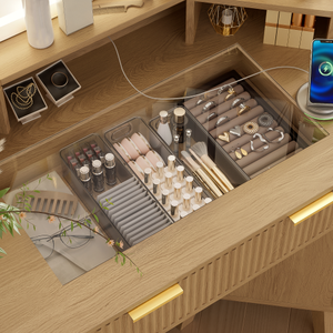 OE.HOME Modern Solid Wood 47.2" Corner Makeup Vanity Desk 3-Way Adjustable Standing Lighted <b>Mirror</b> Tempered Glass Top Charging - Product Image 3